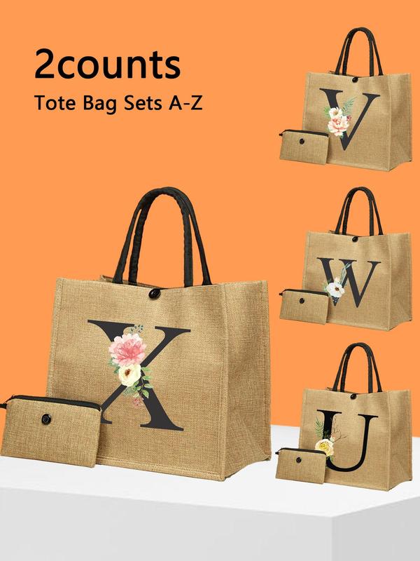 Fashionable Letter & Floral Pattern Tote Bag & Purse Bag Set, Large Capacity Travel Bag Set, Trendy Tote Bag Set for Women & Girls