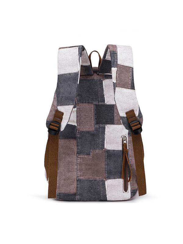 Fashion Patchwork Print Backpack, Casual Versatile Nylon Zipper Backpack for School & Travel, Unisex