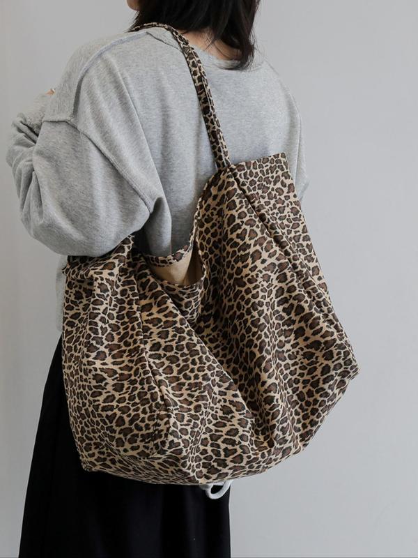 Fashion Leopard Print Canvas Tote Bag, Large Capacity Shoulder Bag for Women, Casual Trendy Versatile High-quality Daily Commuting Bag, Girl Fashionable Shopping Bag