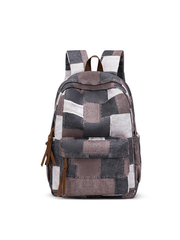 Fashion Patchwork Print Backpack, Casual Versatile Nylon Zipper Backpack for School & Travel, Unisex