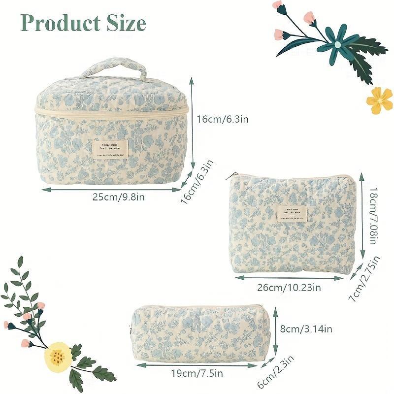 Floral Pattern Makeup Bag Set, 3pcs set Zipper Cosmetic Storage Bag, Multi-use Organizer for Skincare, Cosmetic, Stationery