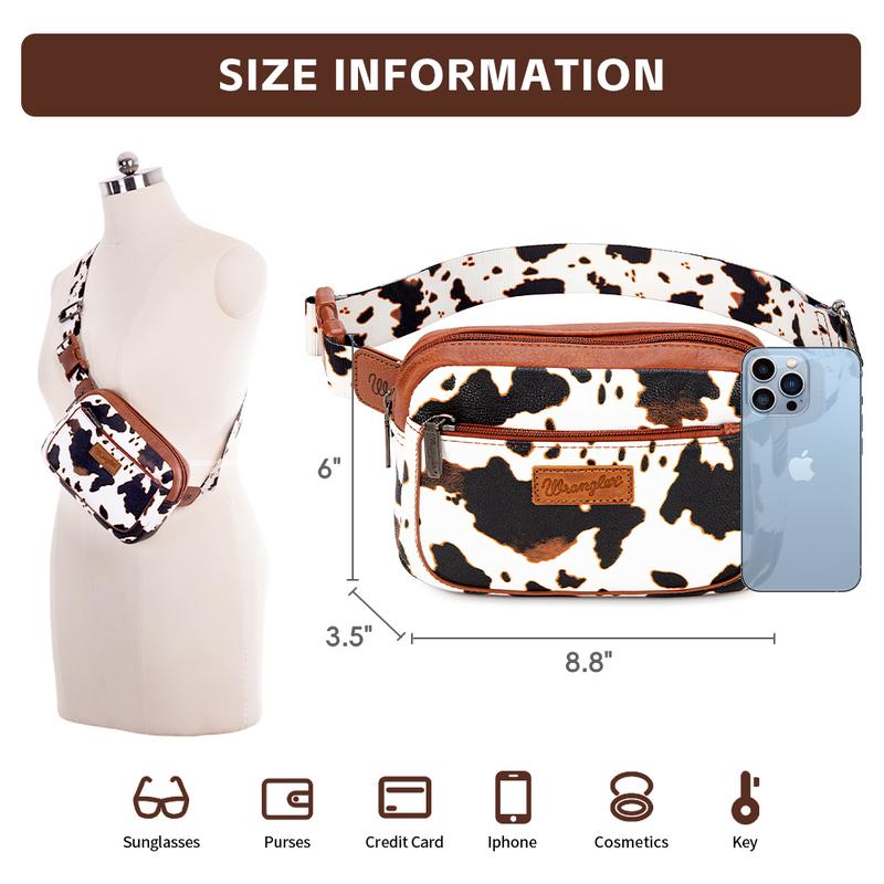 Wrangler [MegaLive] Summer Moo Moo Cow Print Waist Pack Western Crossbody Bags for Women with Adjustable Strap