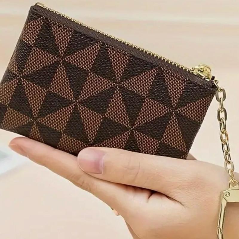 Mini Geometric Pattern Coin Purse, Zipper Clutch Carry On Bag With Keychain, PU Leather Wallet dual pouch brown retro wristlets white black coinpurse trendy all-match wrist strap woman gift wristlet