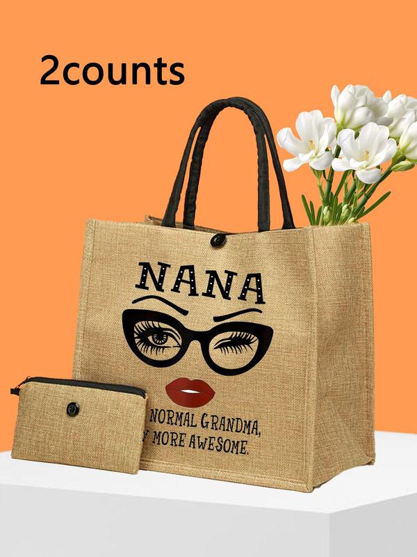 Cartoon Figure Pattern Tote Bag Set, Large Capacity Shoulder Bag with Small Zipper Bag, Summer Bag for Teen Girl Women College Student Business, Commute Gifts