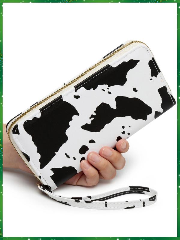 Women's Random Cow Pattern Long Wallet, Fashionable Zipper Design Wallet for Daily Used, Casual Pu Leather Wallet with Wrist Strap for Women & Girls