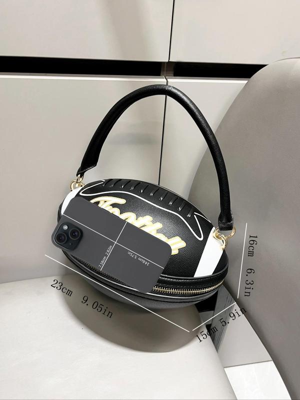 Creative Football Shaped Handbag, Fashionable Letter Pattern Zipper Handbag, Casual Versatile  Handbag for Women