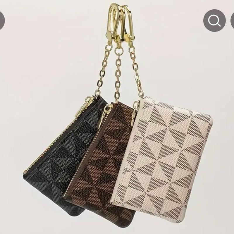 Mini Geometric Pattern Coin Purse, Zipper Clutch Carry On Bag With Keychain, PU Leather Wallet dual pouch brown retro wristlets white black coinpurse trendy all-match wrist strap woman gift wristlet