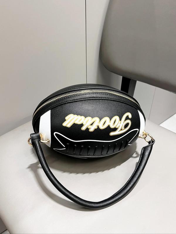 Creative Football Shaped Handbag, Fashionable Letter Pattern Zipper Handbag, Casual Versatile  Handbag for Women