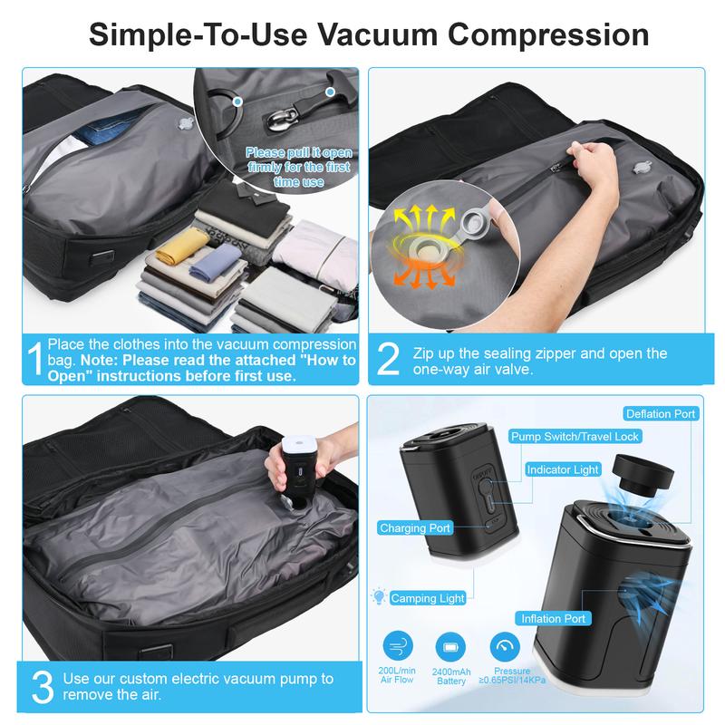 Zurligi Vacuum Backpack Travel - 70L Expandable Travel Backpack, Vacuum Compression Bag with Air Pump, for Laptop, Travel, Business, College, and Camping