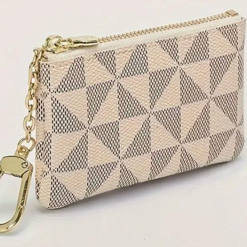 Mini Geometric Pattern Coin Purse, Zipper Clutch Carry On Bag With Keychain, PU Leather Wallet dual pouch brown retro wristlets white black coinpurse trendy all-match wrist strap woman gift wristlet