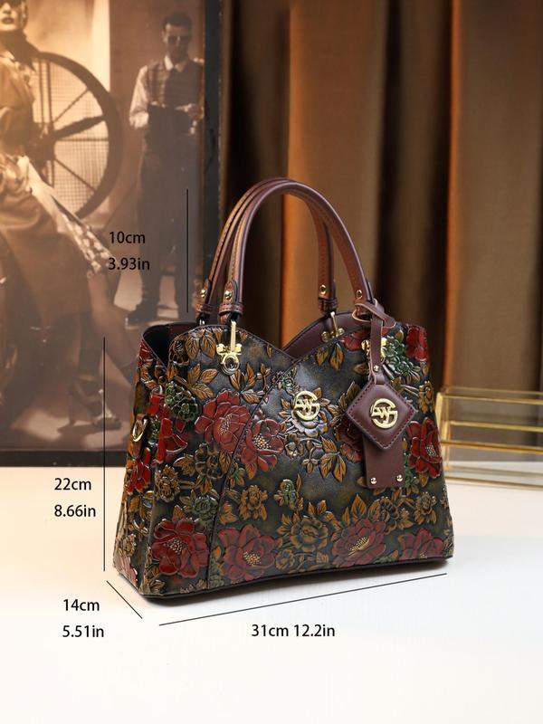 Women's Elegant Floral Embossed Handbag, Vintage Style Zipper Crossbody Bag, Trendy All-match Bag for Daily Use