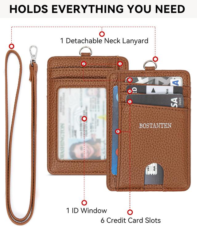 BOSTANTEN Slim Wallet Women with Leather Neck Lanyard RFID Blocking Credit Card Holder Front Pocket Small Wallet Beige