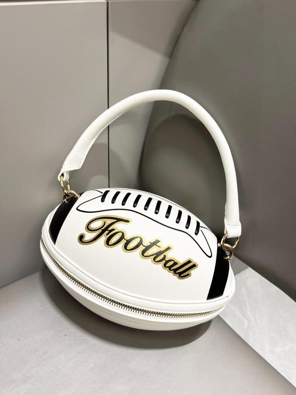 Creative Football Shaped Handbag, Fashionable Letter Pattern Zipper Handbag, Casual Versatile  Handbag for Women