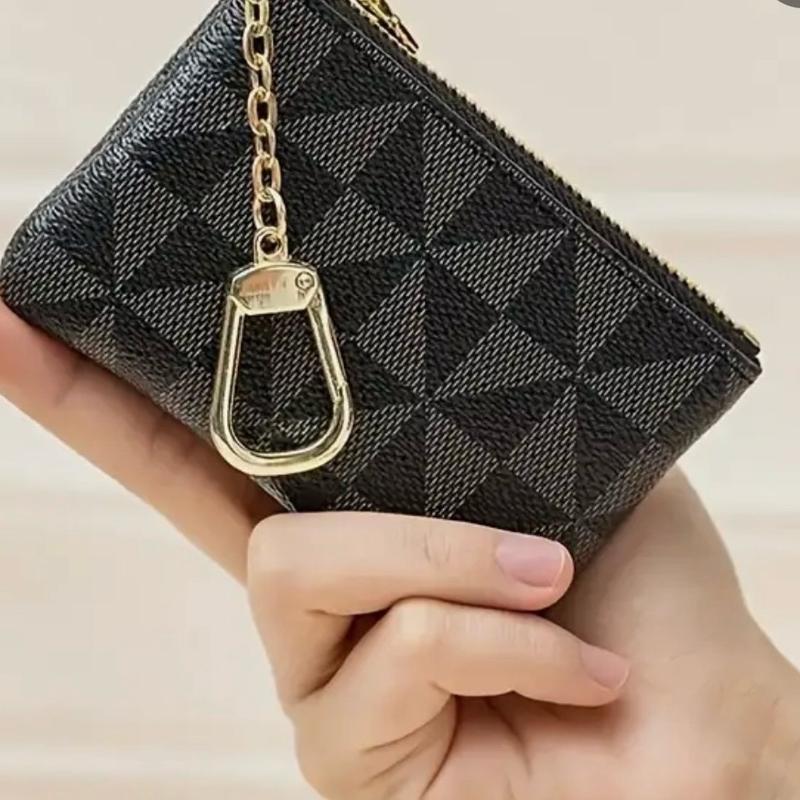 Mini Geometric Pattern Coin Purse, Zipper Clutch Carry On Bag With Keychain, PU Leather Wallet dual pouch brown retro wristlets white black coinpurse trendy all-match wrist strap woman gift wristlet