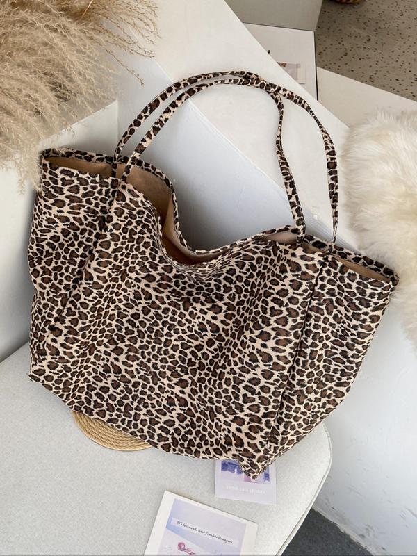 Fashion Leopard Print Canvas Tote Bag, Large Capacity Shoulder Bag for Women, Casual Trendy Versatile High-quality Daily Commuting Bag, Girl Fashionable Shopping Bag