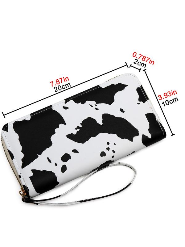 Women's Random Cow Pattern Long Wallet, Fashionable Zipper Design Wallet for Daily Used, Casual Pu Leather Wallet with Wrist Strap for Women & Girls