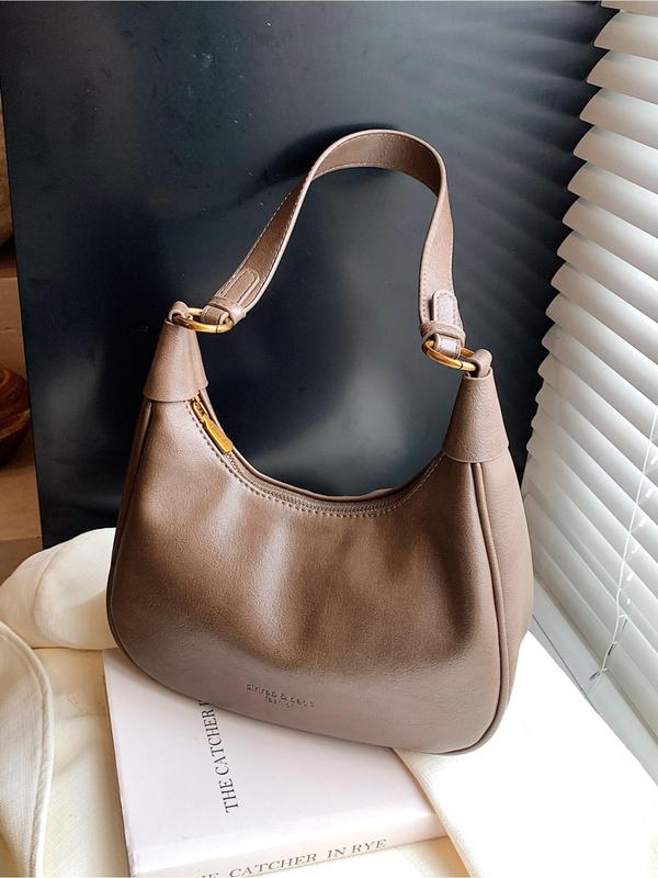 Women's Fashionable Solid Color Hobo Bag, Casual PU Leather Zipper Shoulder Bag for Daily Used, Trendy Versatile High-quality Daily Commuting Bag