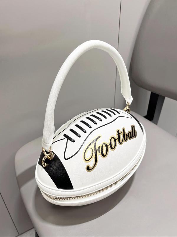 Creative Football Shaped Handbag, Fashionable Letter Pattern Zipper Handbag, Casual Versatile  Handbag for Women