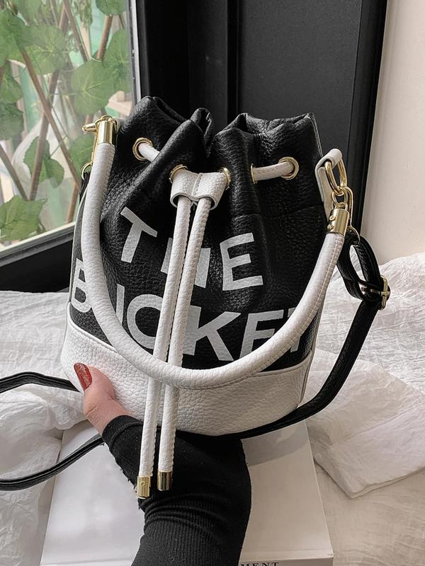 Women's Elegant Colorblock Letter Pattern Bucket Bag, Fashionable Drawstring Design Crossbody Bag for Daily Used, Casual Trendy Versatile High-quality Daily Commuting Bag