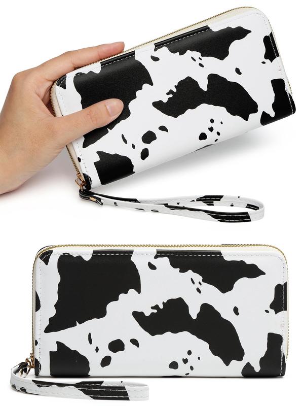 Women's Random Cow Pattern Long Wallet, Fashionable Zipper Design Wallet for Daily Used, Casual Pu Leather Wallet with Wrist Strap for Women & Girls