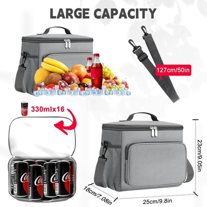 Lunch Bag, 12L Insulated Lunch Bag with Adjustable Shoulder Strap, Lunch Box with Upgraded Leakproof Lining for W Men, Collapsible Large Cooler Bag for Work Picnic Camping- Upgraded Grey