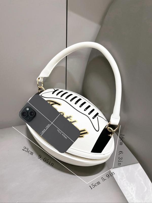 Creative Football Shaped Handbag, Fashionable Letter Pattern Zipper Handbag, Casual Versatile  Handbag for Women