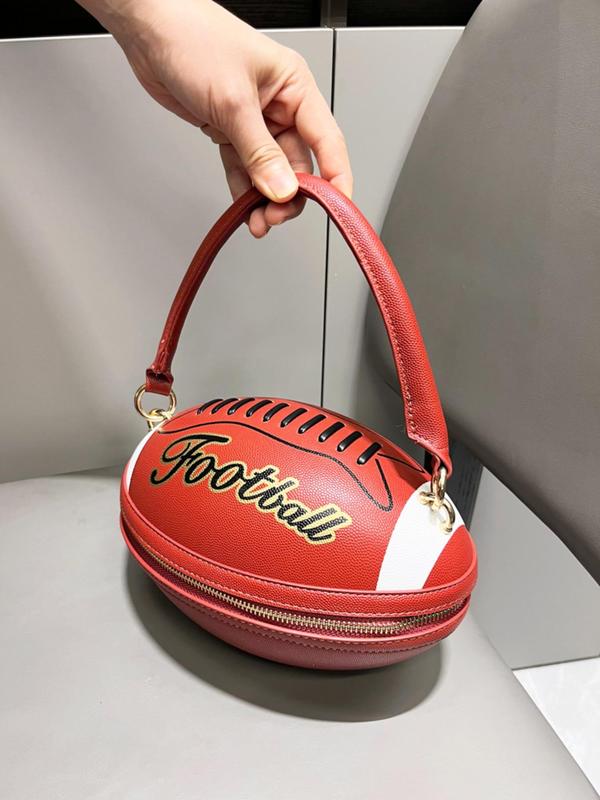 Creative Football Shaped Handbag, Fashionable Letter Pattern Zipper Handbag, Casual Versatile  Handbag for Women