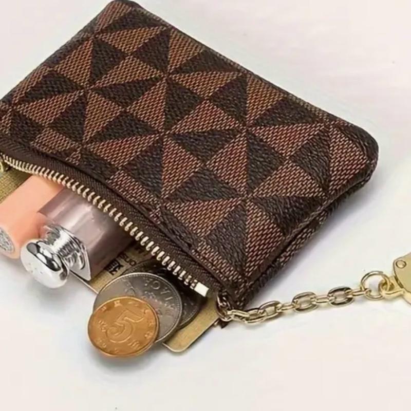 Mini Geometric Pattern Coin Purse, Zipper Clutch Carry On Bag With Keychain, PU Leather Wallet dual pouch brown retro wristlets white black coinpurse trendy all-match wrist strap woman gift wristlet