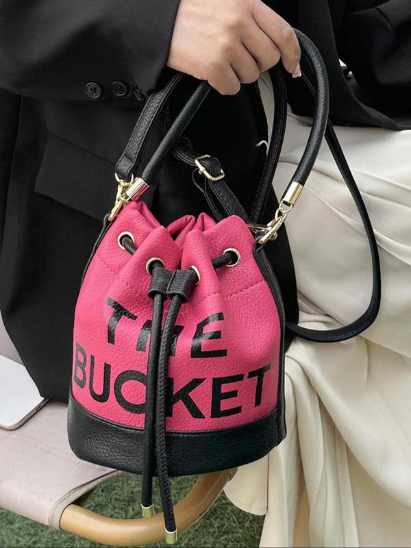 Women's Elegant Colorblock Letter Pattern Bucket Bag, Fashionable Drawstring Design Crossbody Bag for Daily Used, Casual Trendy Versatile High-quality Daily Commuting Bag