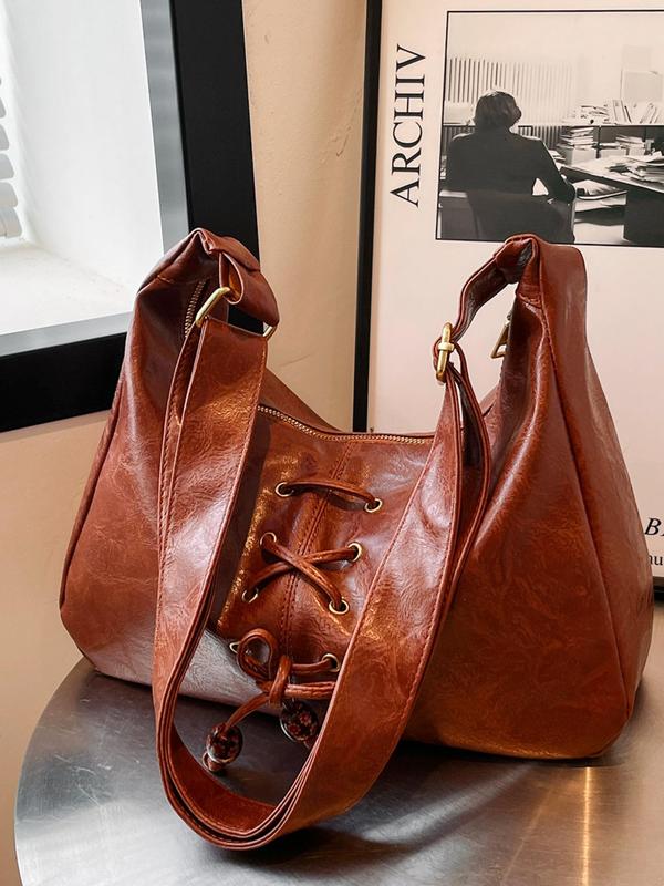 Women's Fashionable Lace Up Design Tote Bag, Casual Large Capacity Shoulder Bag for Daily Used, Trendy Versatile High-quality Daily Commuting Bag