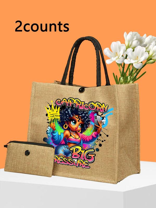 Cartoon Figure Pattern Tote Bag Set, Large Capacity Shoulder Bag with Small Zipper Bag, Summer Bag for Teen Girl Women College Student Business, Commute Gifts