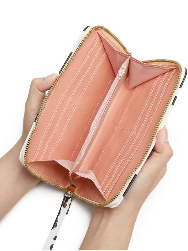 Women's Random Cow Pattern Long Wallet, Fashionable Zipper Design Wallet for Daily Used, Casual Pu Leather Wallet with Wrist Strap for Women & Girls