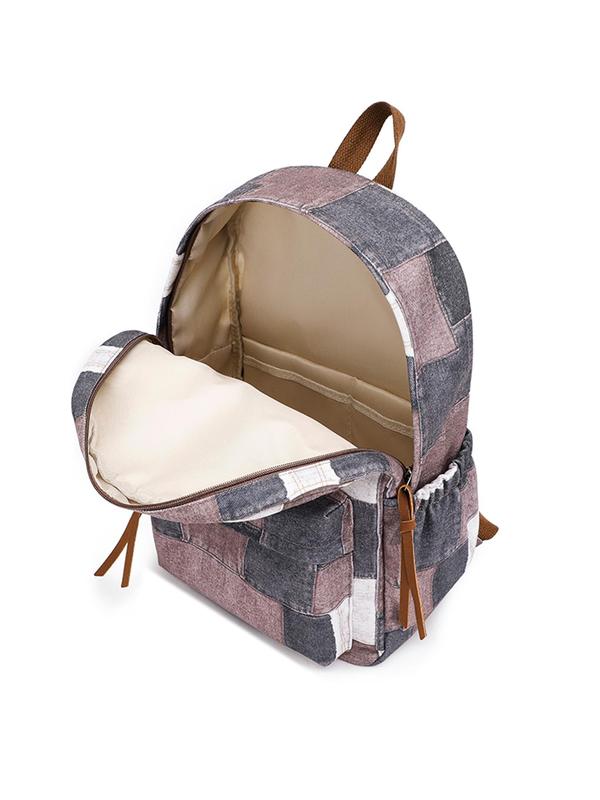 Fashion Patchwork Print Backpack, Casual Versatile Nylon Zipper Backpack for School & Travel, Unisex