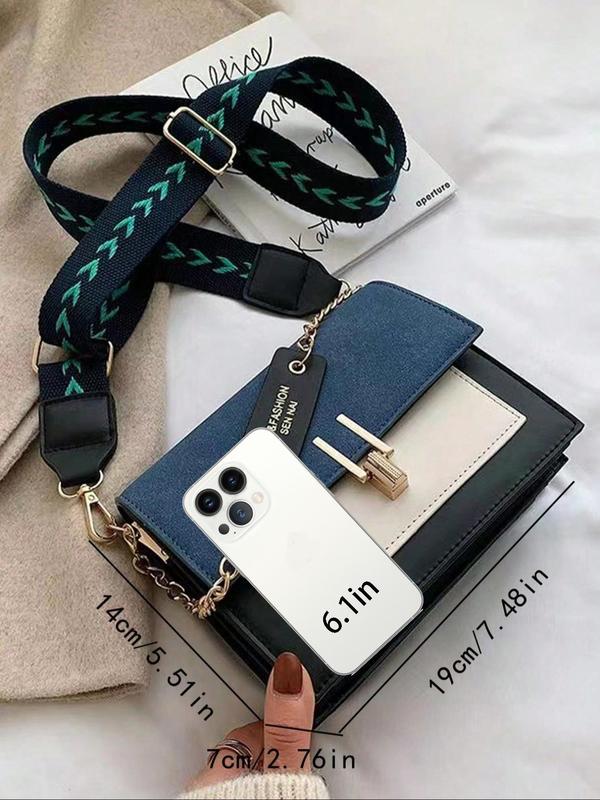 Women's Fashion Colorblock PU Leather Crossbody Bag, Casual Versatile Chain Decor Shoulder Bag for Daily Used, Trendy All-match Commuter Bag