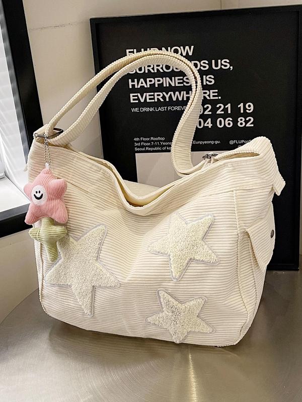 Women's Star Patched Corduroy Tote Bag with Cute Charm, Large Capacity Shoulder Bag for Daily Used, Casual Trendy Versatile High-quality Daily Commuting Bag