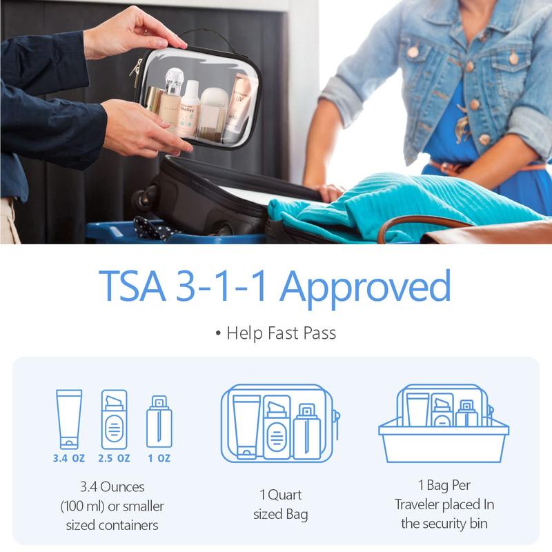 Clear TSA Approved Travel Toiletry Bag for Carry On Quart Size Transparent Pouch for Airport Security Reusable See Through Women Makeup Organizer Bag