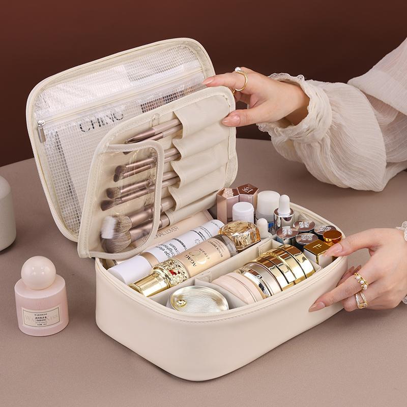 Large Capacity Makeup Bag, Multi-functional Cosmetic Storage Bag with Brush Holder, Portable Makeup Organizer, Makeup Tool Storage Bag for Home & Travel, Christmas Gift