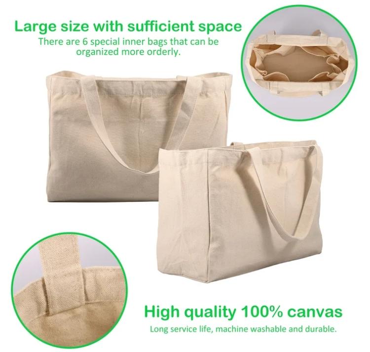 3Pcs Canvas Grocery Bag with 6 Inner Pockets - Large Capacity Heavy Duty Reusable Tote Bag for Grocery Store Camping Outdoor