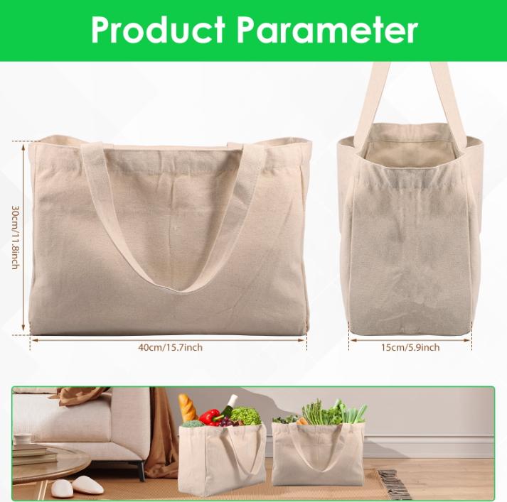 3Pcs Canvas Grocery Bag with 6 Inner Pockets - Large Capacity Heavy Duty Reusable Tote Bag for Grocery Store Camping Outdoor