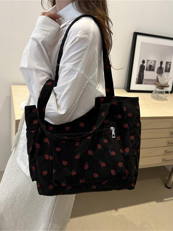 Women's Strawberry Pattern Tote Bag, Large Capacity Shoulder Bag, Casual Trendy Versatile High-quality Daily Commuting Bag, Girl Fashionable Shopping Bag