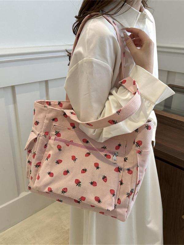 Women's Strawberry Pattern Tote Bag, Large Capacity Shoulder Bag, Casual Trendy Versatile High-quality Daily Commuting Bag, Girl Fashionable Shopping Bag