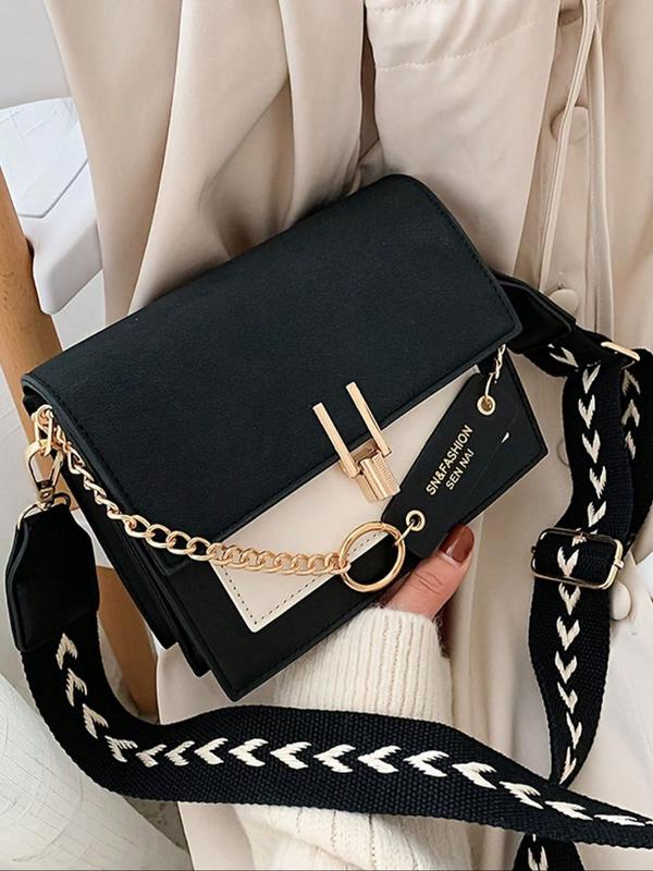 Women's Fashion Colorblock PU Leather Crossbody Bag, Casual Versatile Chain Decor Shoulder Bag for Daily Used, Trendy All-match Commuter Bag