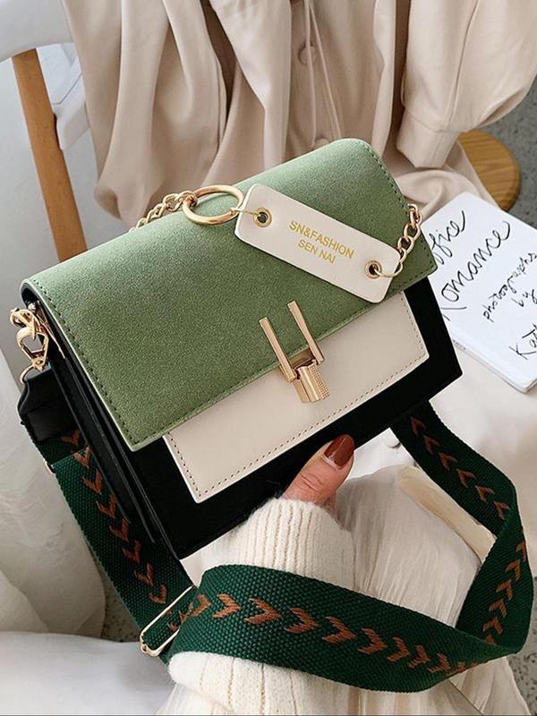 Women's Fashion Colorblock PU Leather Crossbody Bag, Casual Versatile Chain Decor Shoulder Bag for Daily Used, Trendy All-match Commuter Bag