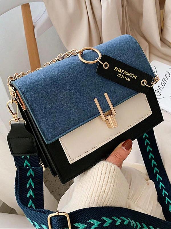 Women's Fashion Colorblock PU Leather Crossbody Bag, Casual Versatile Chain Decor Shoulder Bag for Daily Used, Trendy All-match Commuter Bag