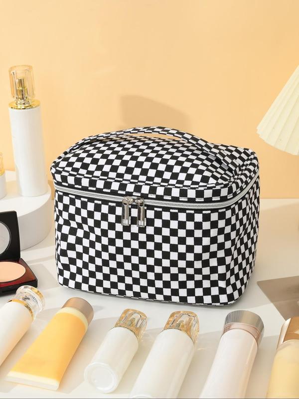 Checkerboard Pattern Makeup Bag, Summer Portable Large Capacity Cosmetic Storage Bag, Zipper Makeup Organizer Pouch, Versatile Storage Bag for Travel, Gym, Office, Bathroom