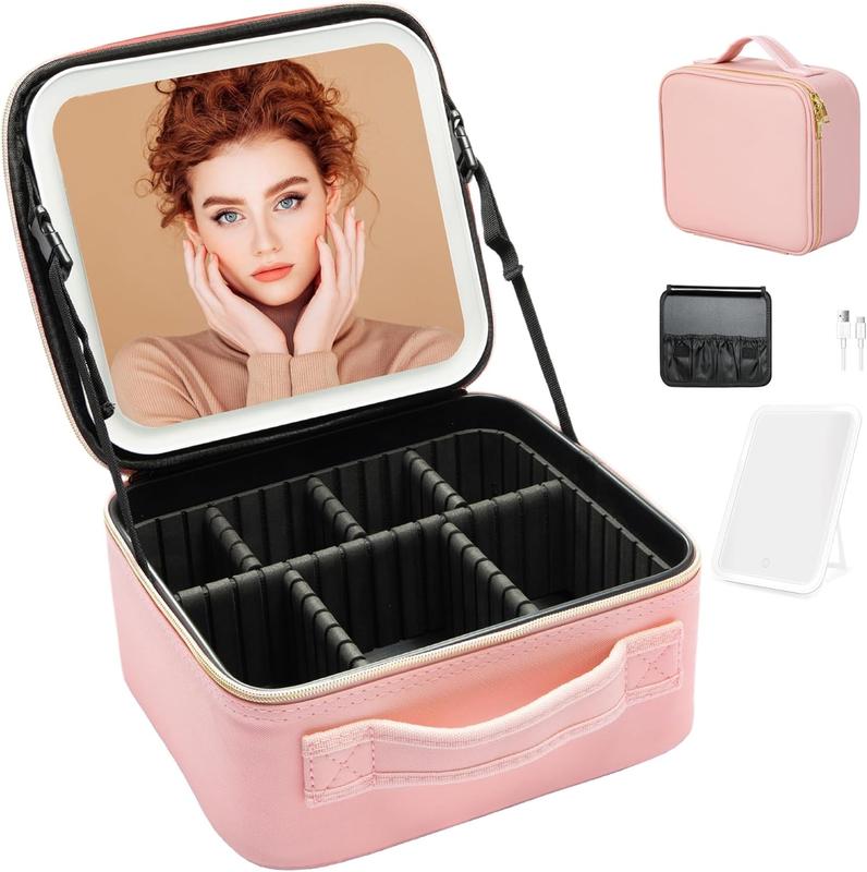 Travel Makeup Bag with LED Lighted Mirror 3 Color Scenarios Adjustable Brightness, Waterproof Cosmetic Train Case Organizer with DIY Dividers, Toiletry Makeup Case Gift for Lady