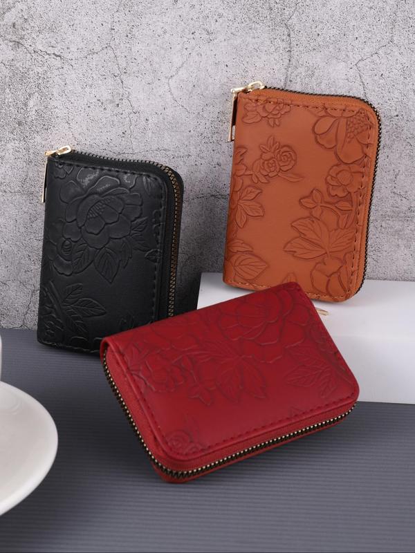 Women's Floral Embossed Zipper Short Wallet, 2024 New Style Large Capacity Multi Card Slot Card Bag, Portable Coin Purse for Daily Used