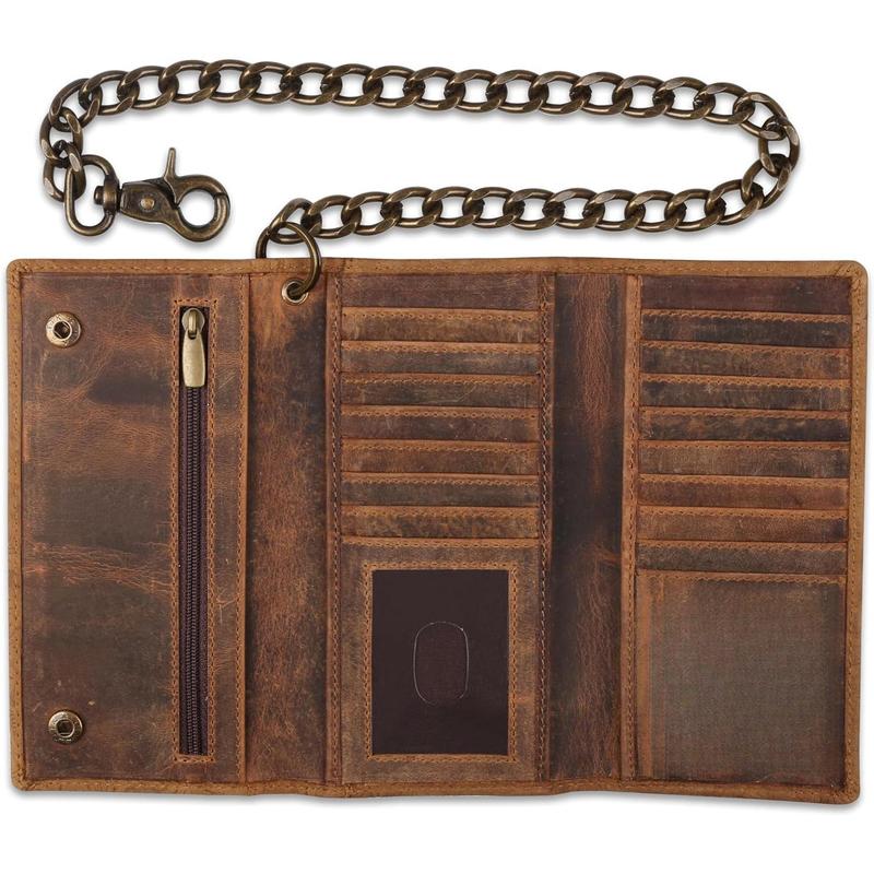 RFID Blocking Mens Tri-fold Long Style buffalo crazy horse Leather Steel Chain Wallet,vintage brown floral,212-4