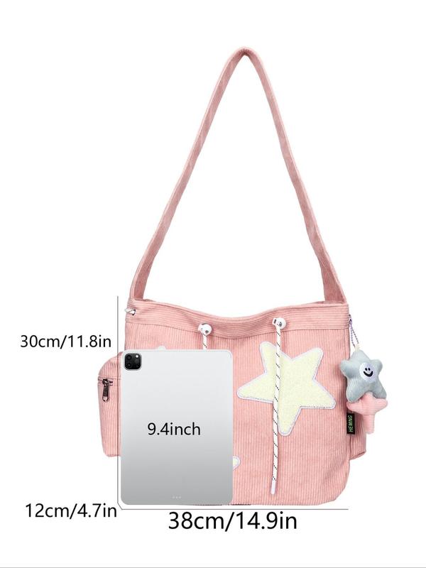 Women's Star Patched Corduroy Tote Bag with Cute Charm, Large Capacity Shoulder Bag for Daily Used, Casual Trendy Versatile High-quality Daily Commuting Bag