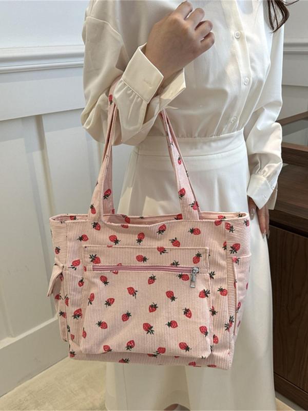 Women's Strawberry Pattern Tote Bag, Large Capacity Shoulder Bag, Casual Trendy Versatile High-quality Daily Commuting Bag, Girl Fashionable Shopping Bag